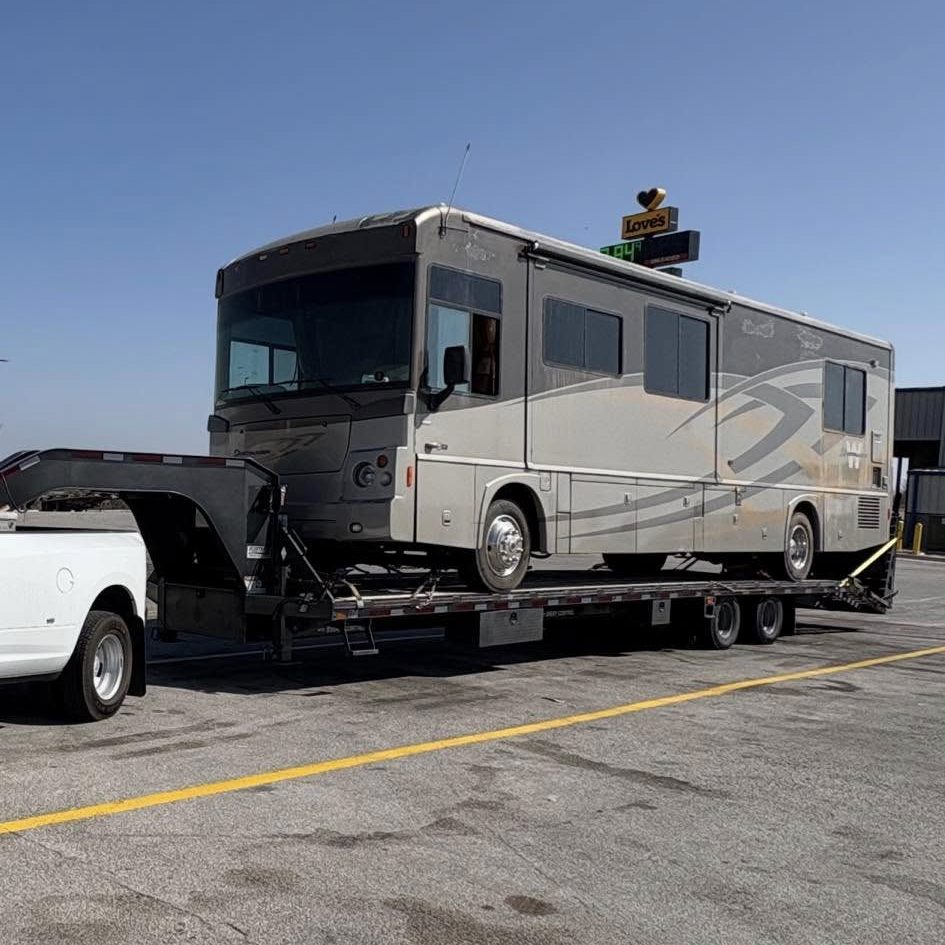 RV on flat bed for transportation